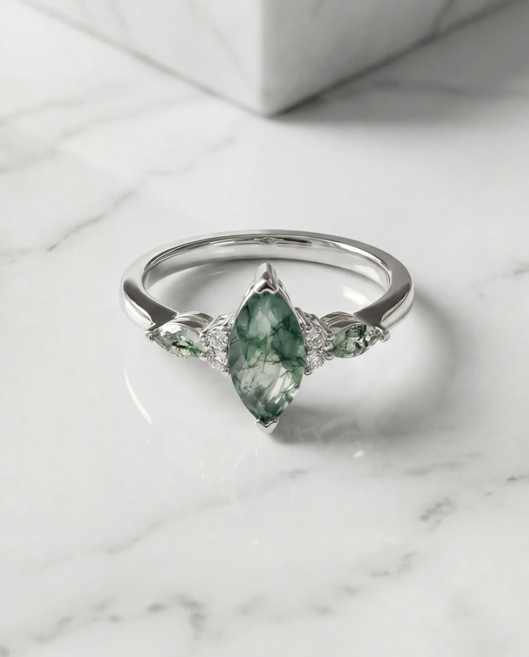 Anello Agata Muschiata Taglio Marquise – Anello di Fidanzamento Vintage in Argento 925