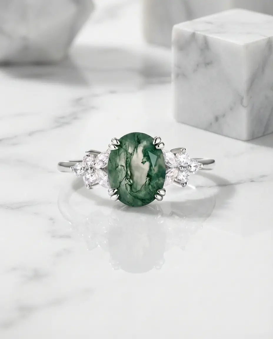 Anello Agata Muschiata Ovale 7x9 mm in Argento Sterling – Gioiello Natura, Regalo per Lei e per Donna