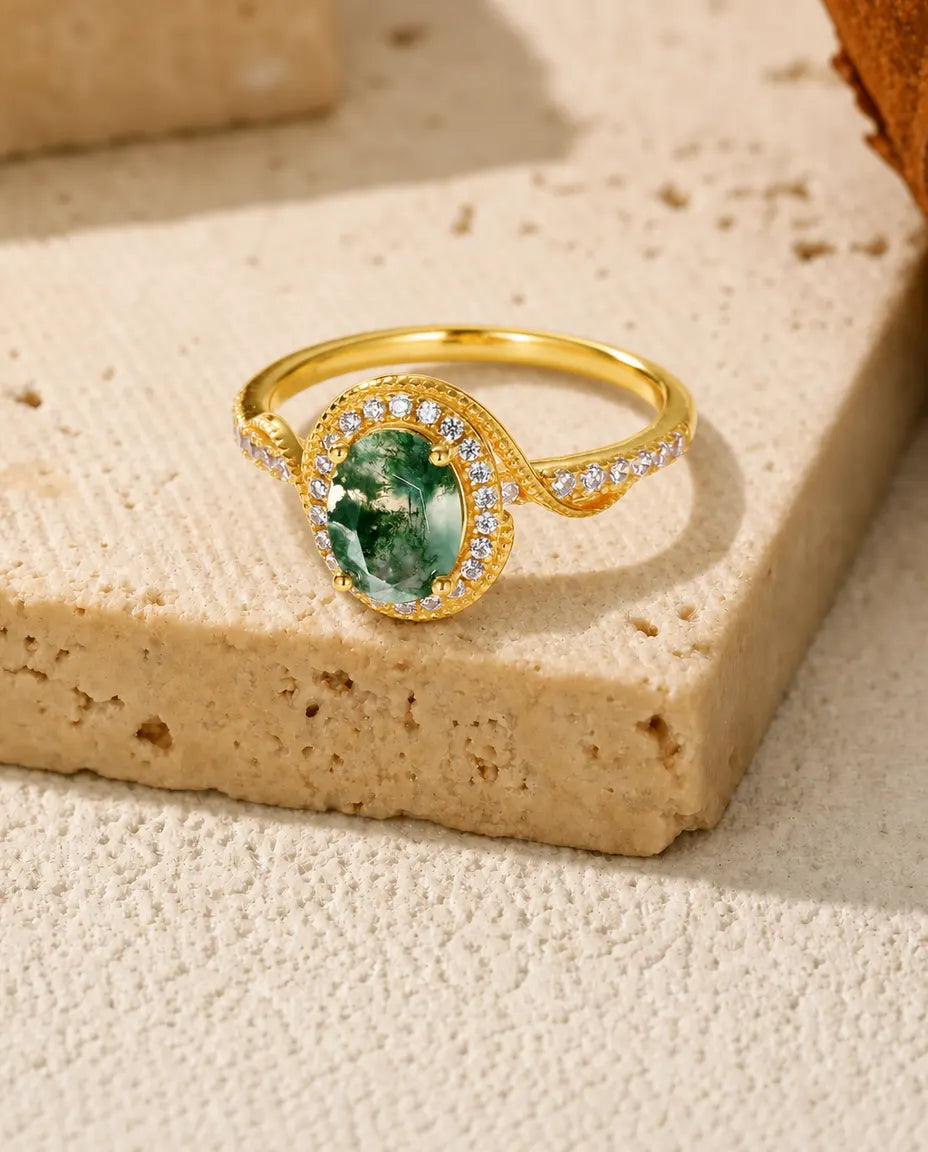 Anello Agata Muschiata Ovale Taglio Rosa – Halo Millegrana, Argento 925 Placcato Oro 10K, Stile Vintage