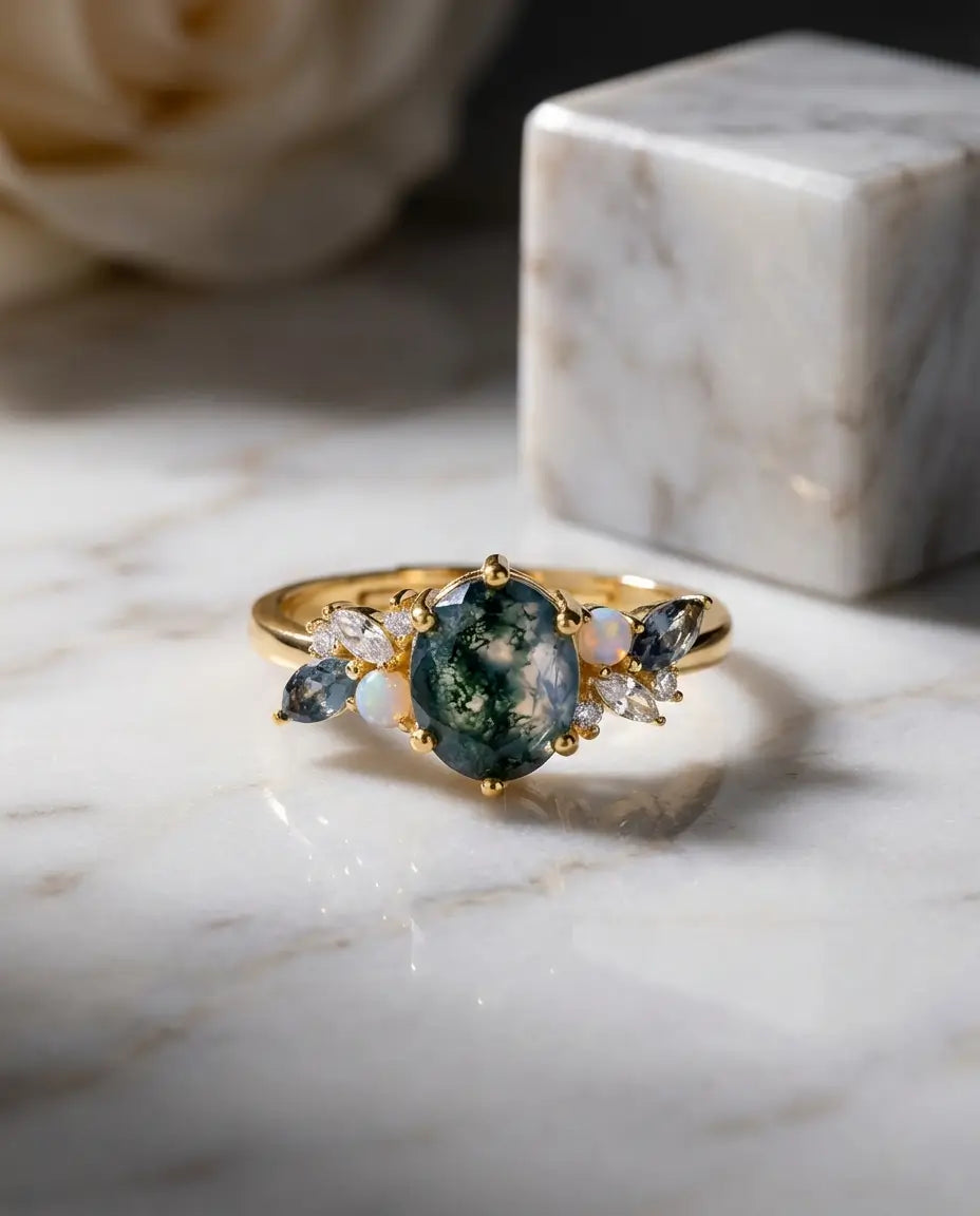 Anello in Agata Muschiata Ovale 6x8 mm con Opali e Zirconi Blu, Placcato Oro 10k, Gambo Regolabile
