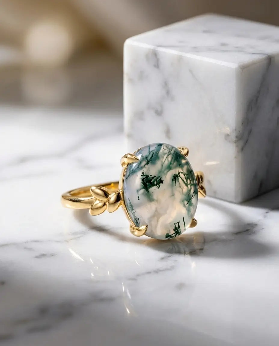 Anello Agata Muschiata Ovale 10x12 mm in Argento 925 Placcato Oro, Griffe a Foglia, Idea Regalo per Lei