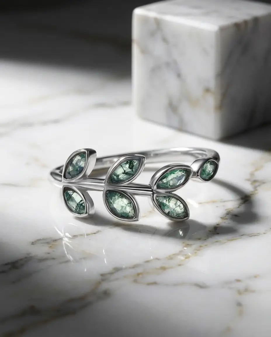 Anello Agata Muschiata Ramo d'Ulivo – Argento 925 Placcato Oro Bianco, Aperto e Regolabile