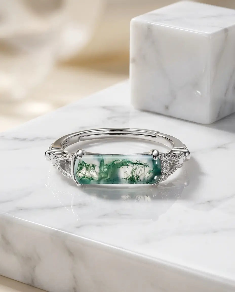 Anello in Agata Muschiata Rettangolare Est-Ovest con Filigrana Vintage, Gambo Aperto Regolabile