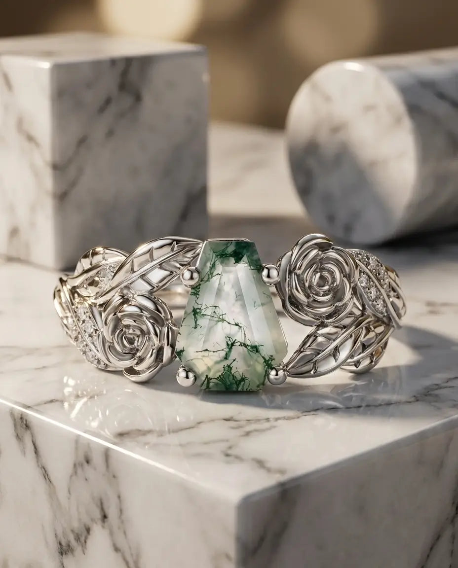 Anello Agata Muschiata Taglio Coffin – Rose e Foglie Vintage, Argento 925 Placcato Oro Bianco