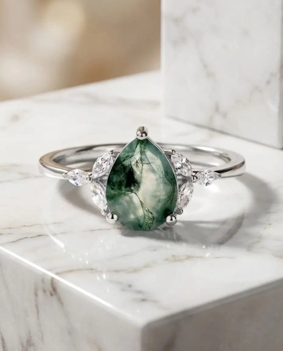 Anello in Agata Muschiata Taglio Goccia con Accenti Marquise, Argento 925, Anello di Fidanzamento