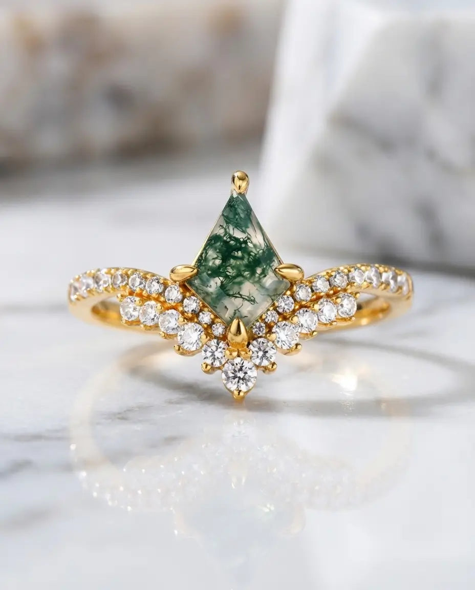 Anello Agata Muschiata Taglio Kite Art Déco – Argento 925 e Vermeil Oro, Alone di Zirconi