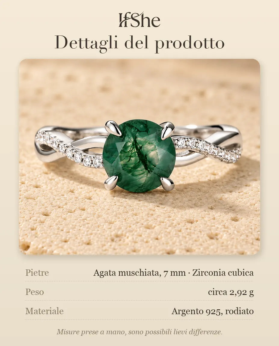Anello Agata Muschiata Tonda Sfaccettata - dettagli del prodotto: misura della pietra, peso e materiale