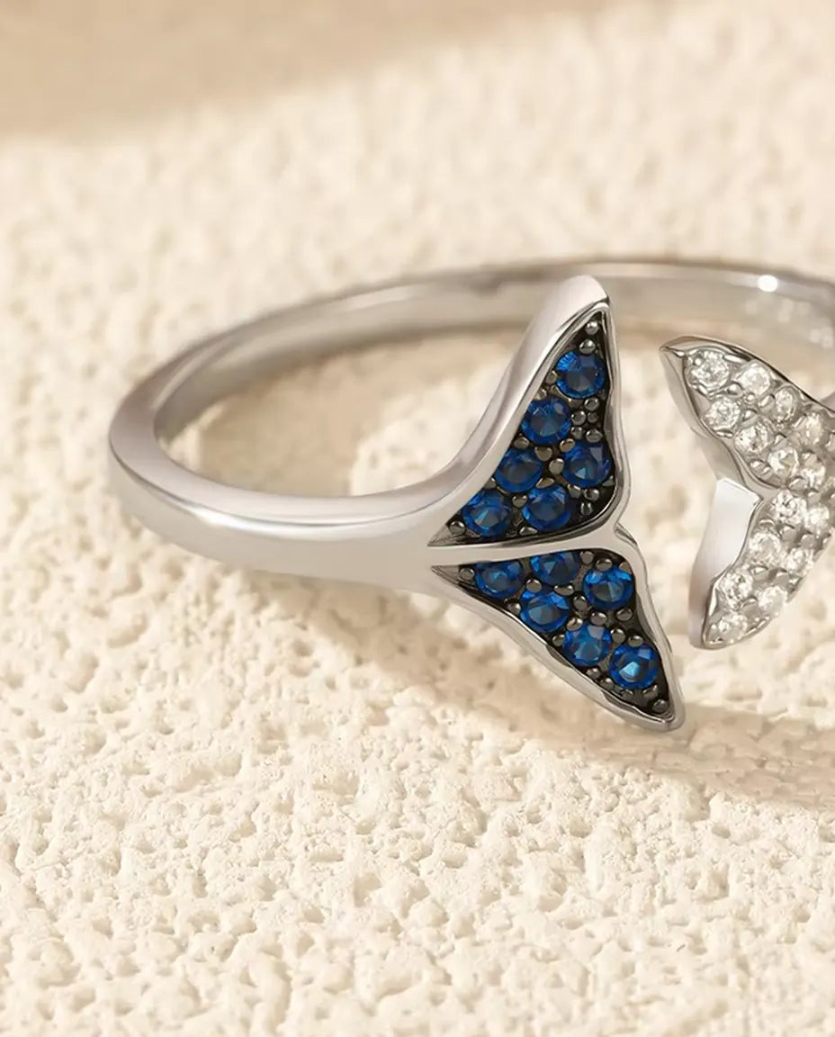 Anello Coda di Balena aperto regolabile - pietre blu e bianche, taglie US 6-9, argento 925