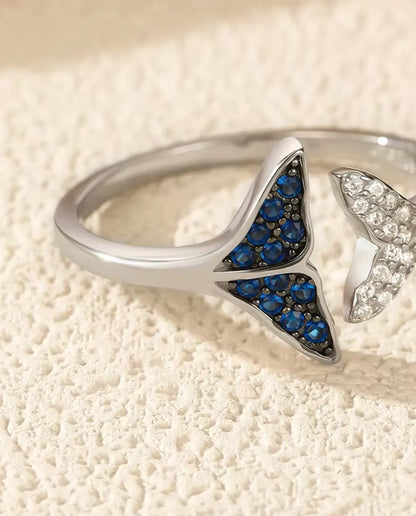 Anello Coda di Balena aperto regolabile - pietre blu e bianche, taglie US 6-9, argento 925