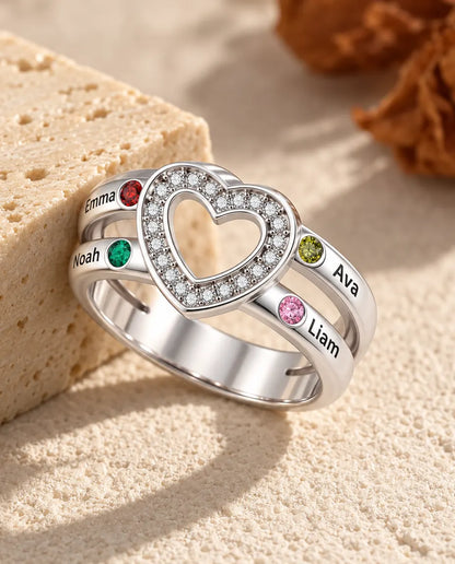 Anello con Pietre Portafortuna Personalizzato 2, 4 o 6 Nomi - anello di famiglia impilabile a cuore aperto con nomi incisi e pietre simulate, rodiato