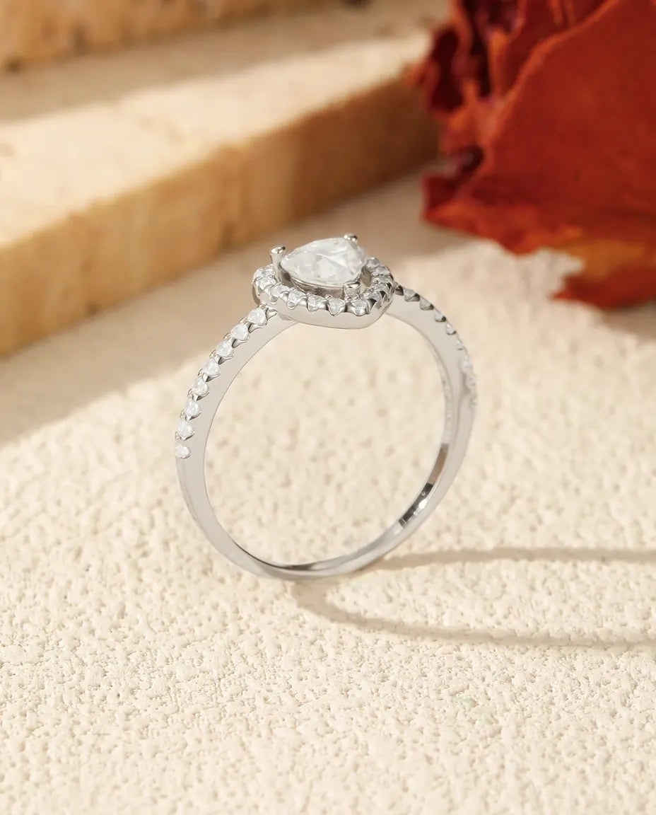Anello Cuore Halo Moissanite 0,5 ct Colore D – Argento 925, Anello Promessa Romantico