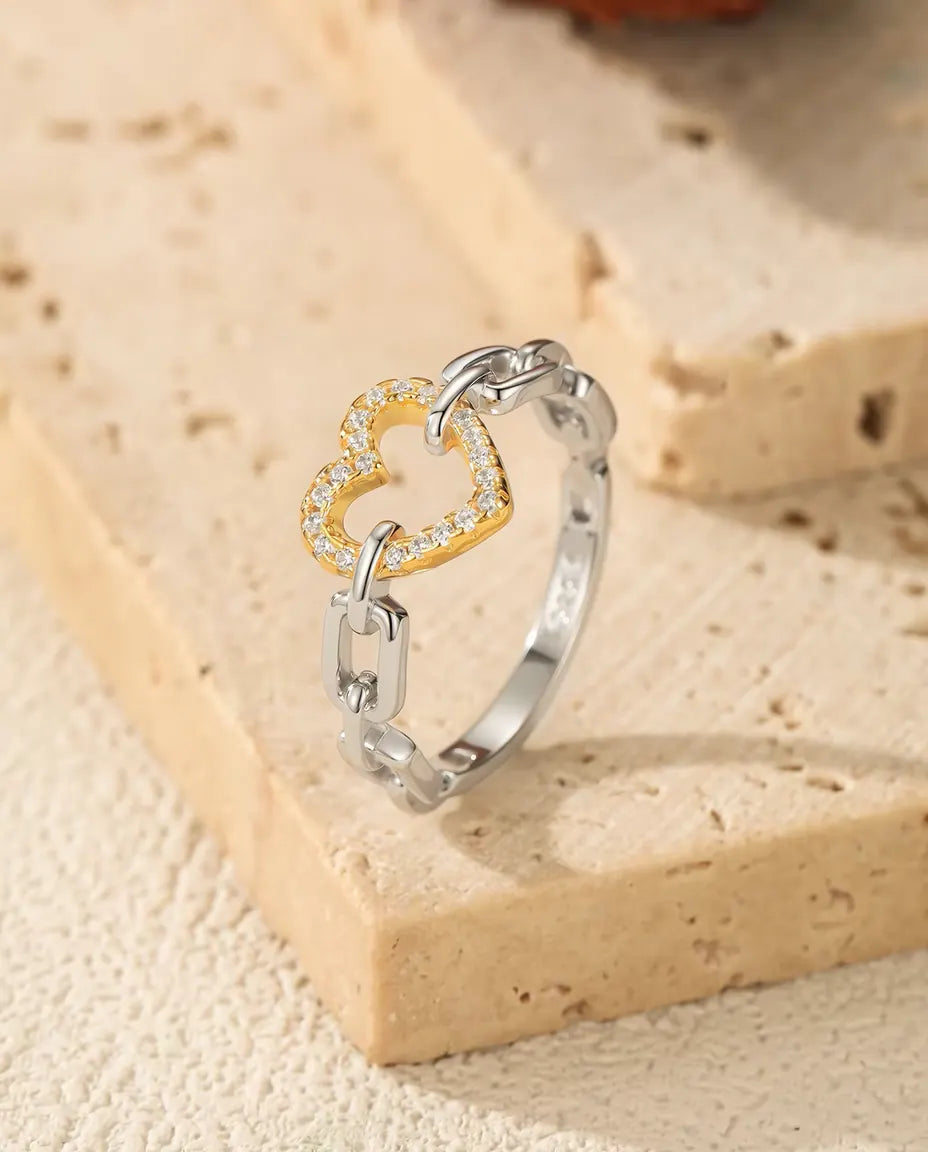 Anello Cuore a Maglie bicolore - cuore traforato dorato su fascia a maglie, misure 5-9, argento 925
