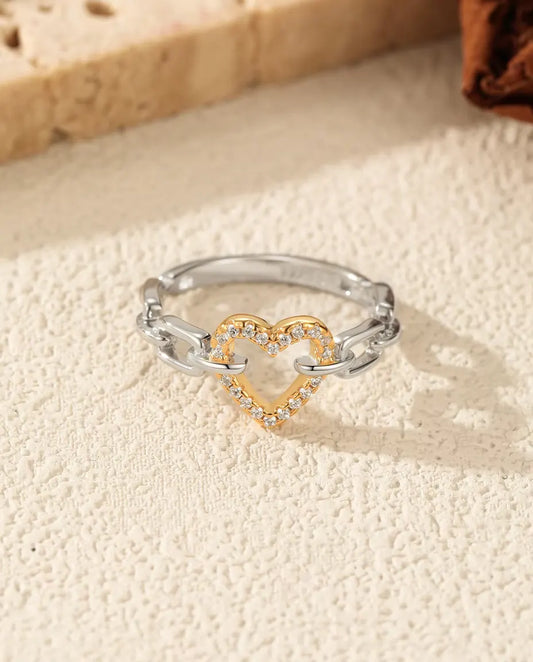 Anello Cuore a Maglie bicolore - cuore traforato dorato su fascia a maglie, misure 5-9, argento 925