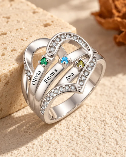 Anello con Pietre Portafortuna Personalizzato 3-4 Nomi e Incisione Interna - anello di famiglia a cuore con nomi incisi e pietre simulate, rodiato