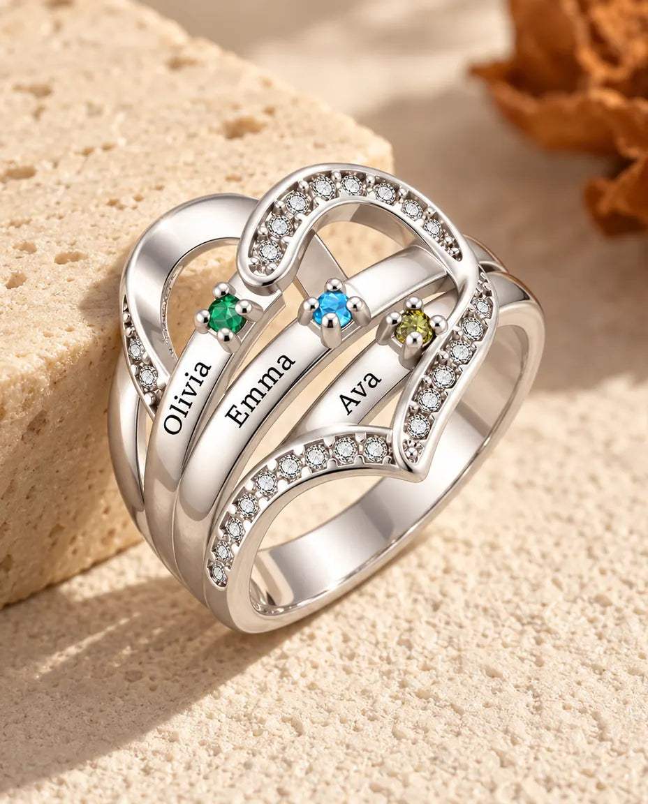 Anello con Pietre Portafortuna Personalizzato 3-4 Nomi e Incisione Interna - anello di famiglia a cuore con nomi incisi e pietre simulate, rodiato