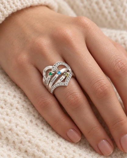 Anello con Pietre Portafortuna Personalizzato 3-4 Nomi e Incisione Interna - anello di famiglia a cuore con nomi incisi e pietre simulate, rodiato