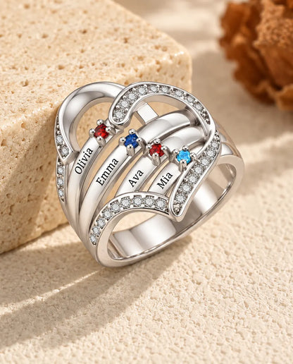 Anello con Pietre Portafortuna Personalizzato 3-4 Nomi e Incisione Interna - anello di famiglia a cuore con nomi incisi e pietre simulate, rodiato