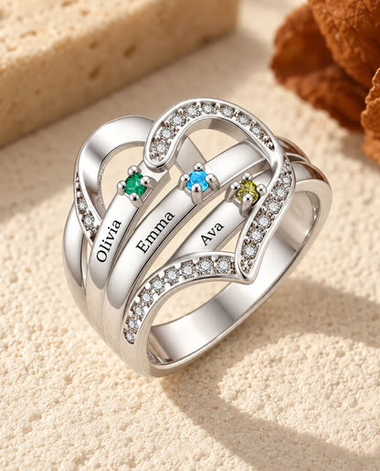 Anello con Pietre Portafortuna Personalizzato 3-4 Nomi e Incisione Interna - anello di famiglia a cuore con nomi incisi e pietre simulate, rodiato