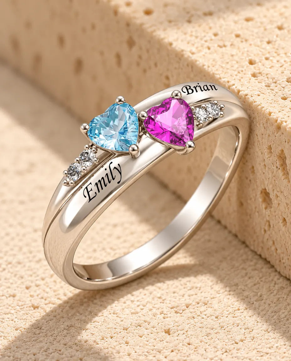 Anello Doppio Cuore con 2 Pietre Portafortuna e 2 Nomi - anello promessa personalizzato - in argento sterling