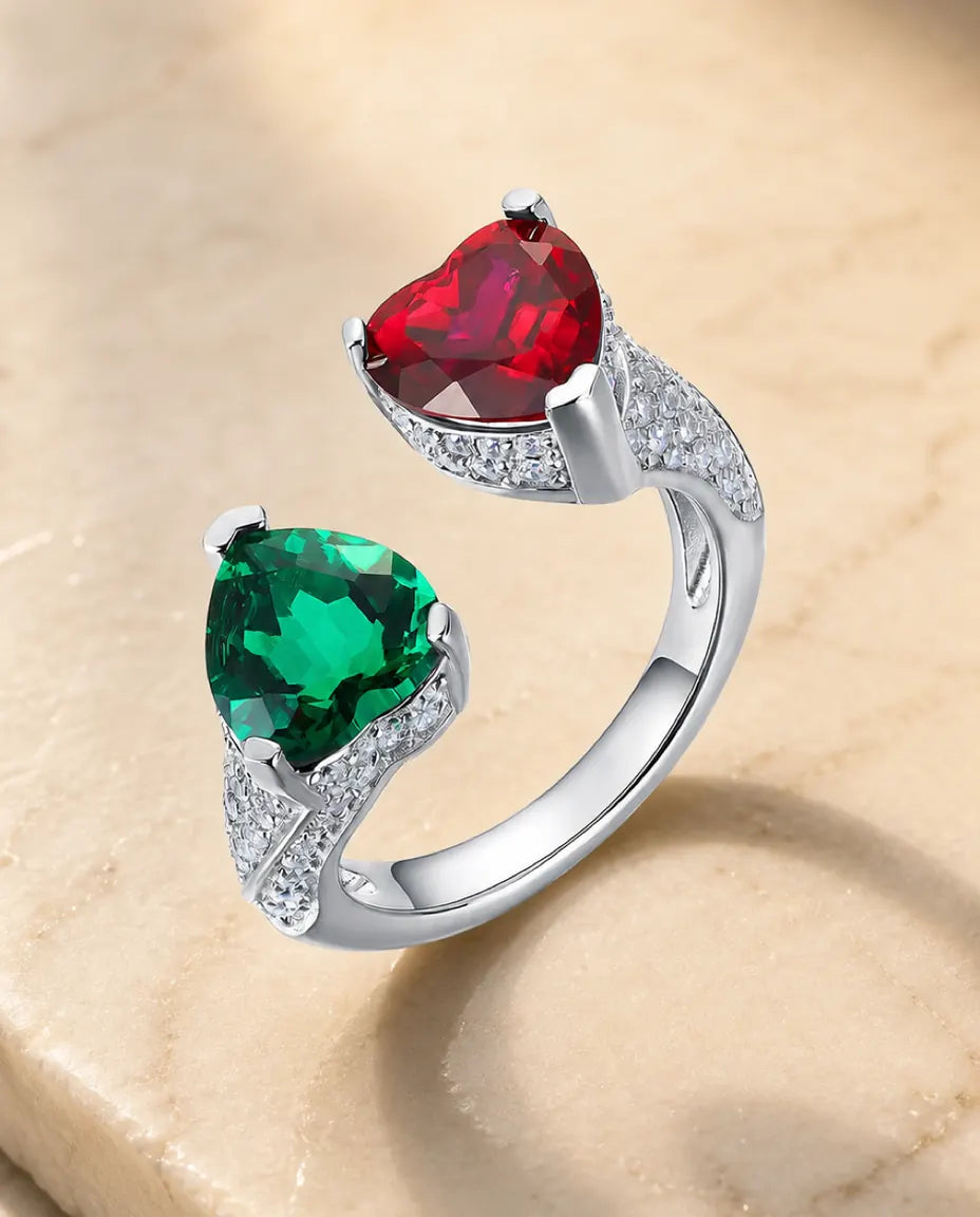 Anello Due Cuori Smeraldo e Rubino Creati in Laboratorio – Toi et Moi in Argento 925, Regolabile