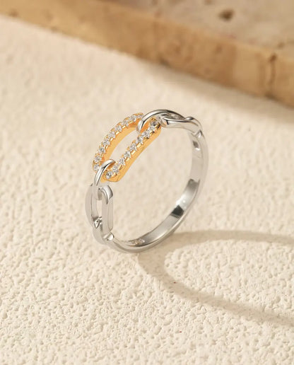 Anello Maglie Bicolore - maglia dorata in pavé tra maglie d'argento, misure 5-9, argento 925
