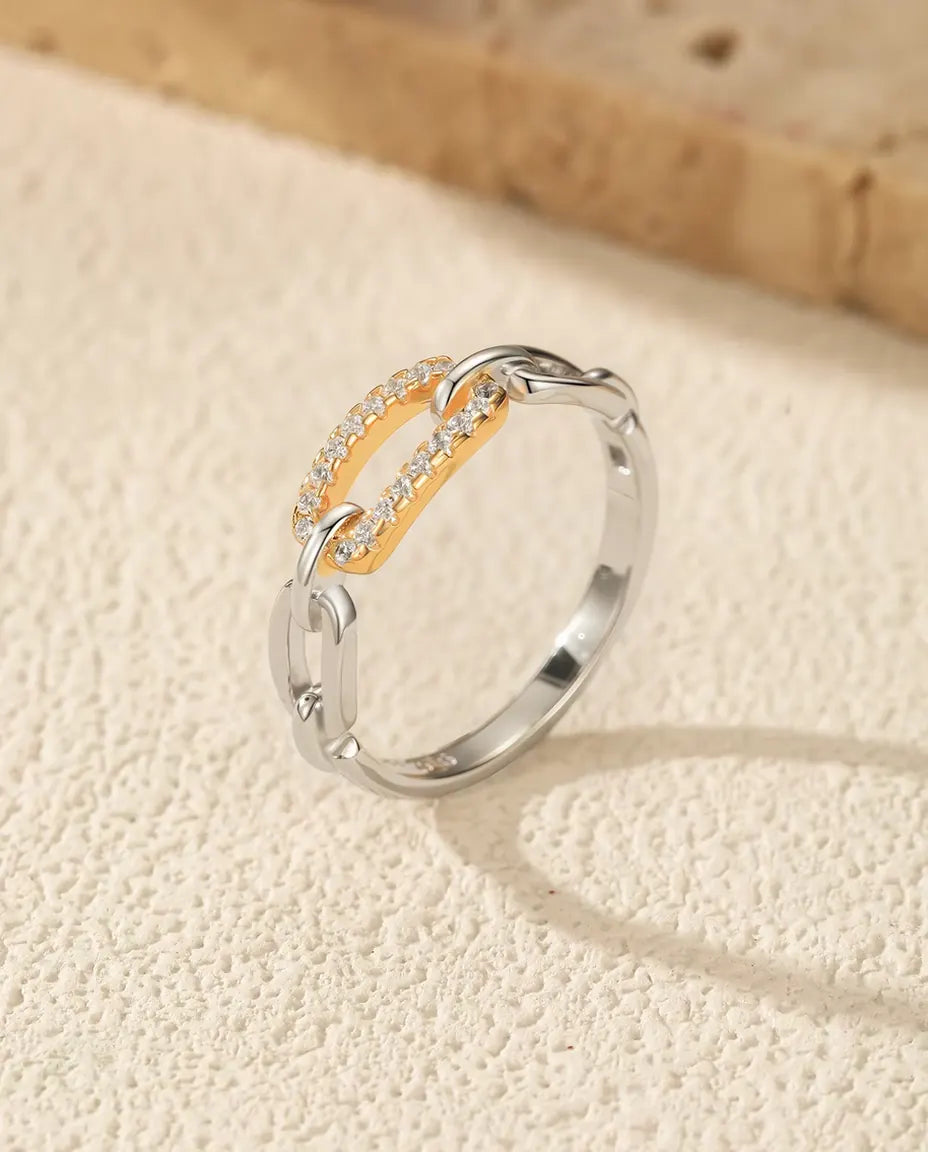 Anello Maglie Bicolore - maglia dorata in pavé tra maglie d'argento, misure 5-9, argento 925