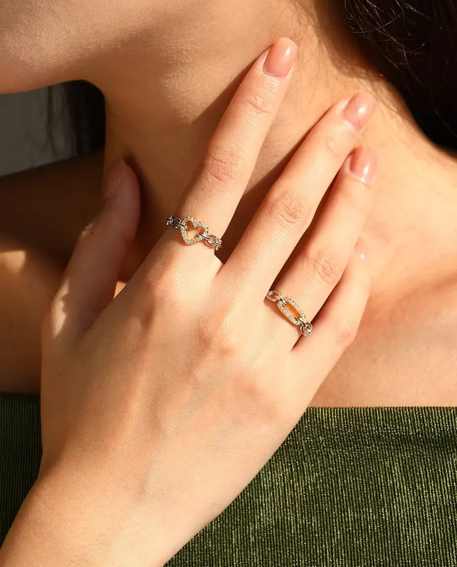 Anello Maglie Bicolore - maglia dorata in pavé tra maglie d'argento, misure 5-9, argento 925