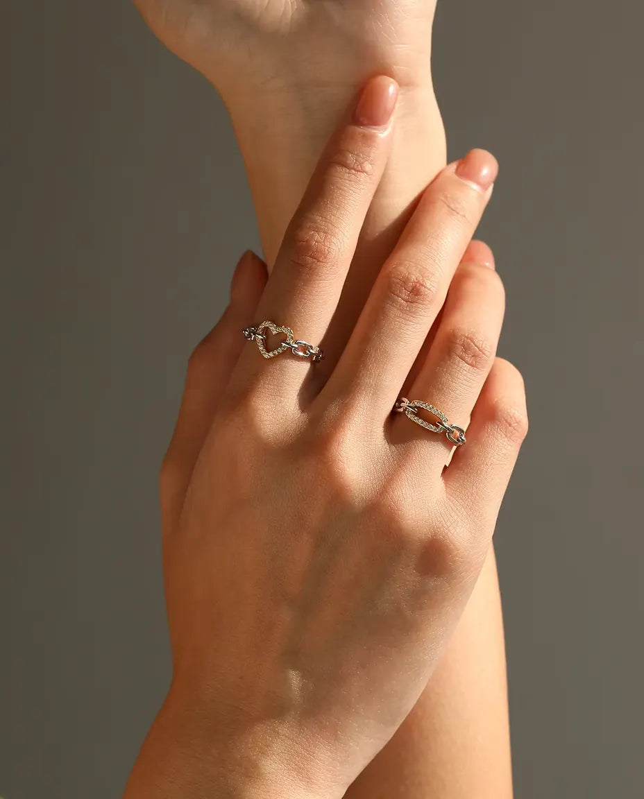 Anello Maglie Bicolore - maglia dorata in pavé tra maglie d'argento, misure 5-9, argento 925