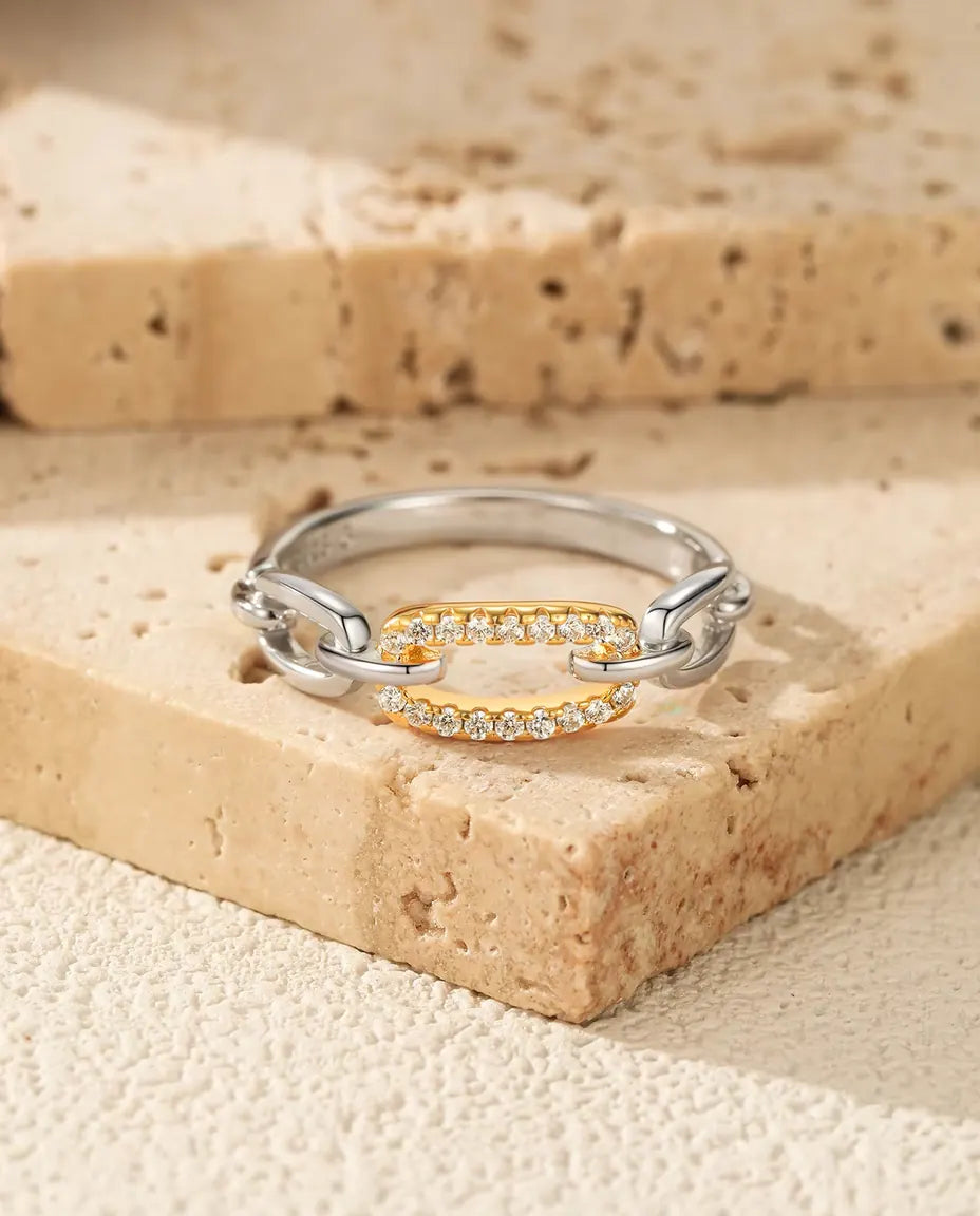 Anello Maglie Bicolore - maglia dorata in pavé tra maglie d'argento, misure 5-9, argento 925