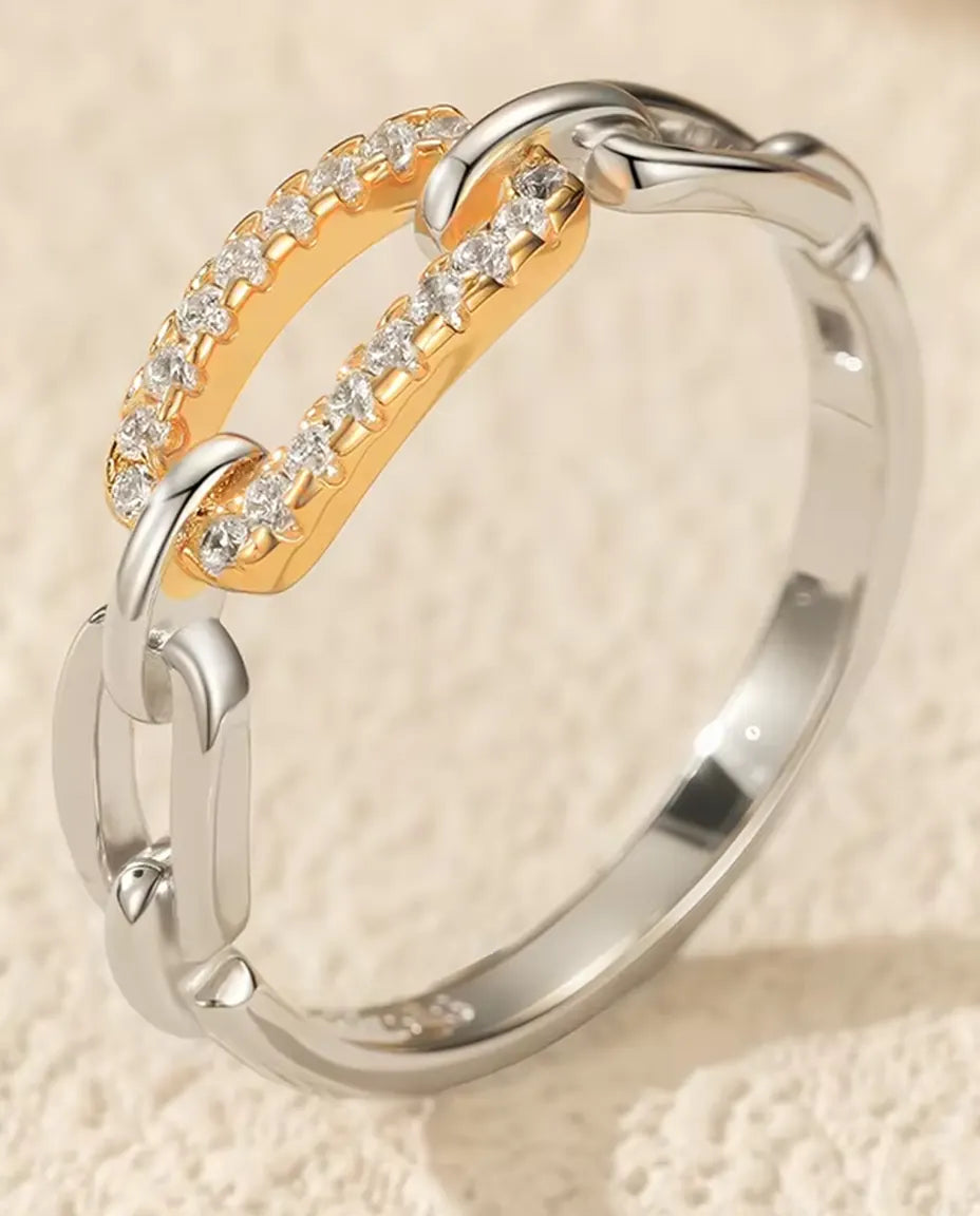 Anello Maglie Bicolore - maglia dorata in pavé tra maglie d'argento, misure 5-9, argento 925