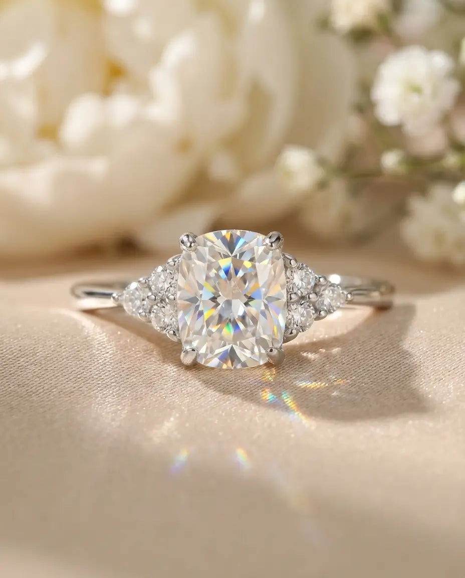 Anello Moissanite 1 ct Taglio Cushion Allungato Colore D VVS1, Argento 925, Montatura Cluster