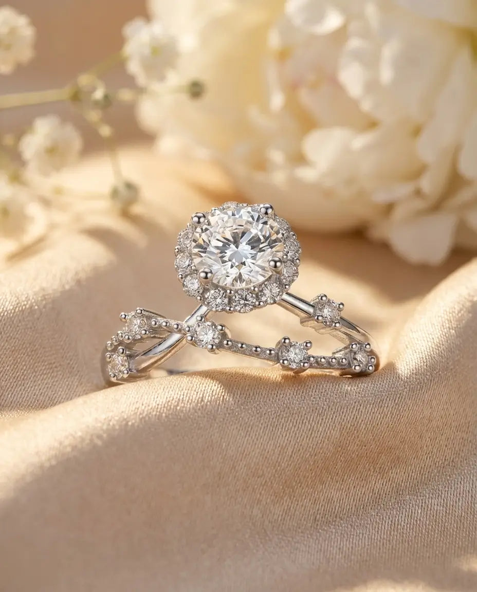 Anello Moissanite Halo Tondo 0,8 ct – Argento 925, Fascia Intrecciata Vintage, Anello di Fidanzamento
