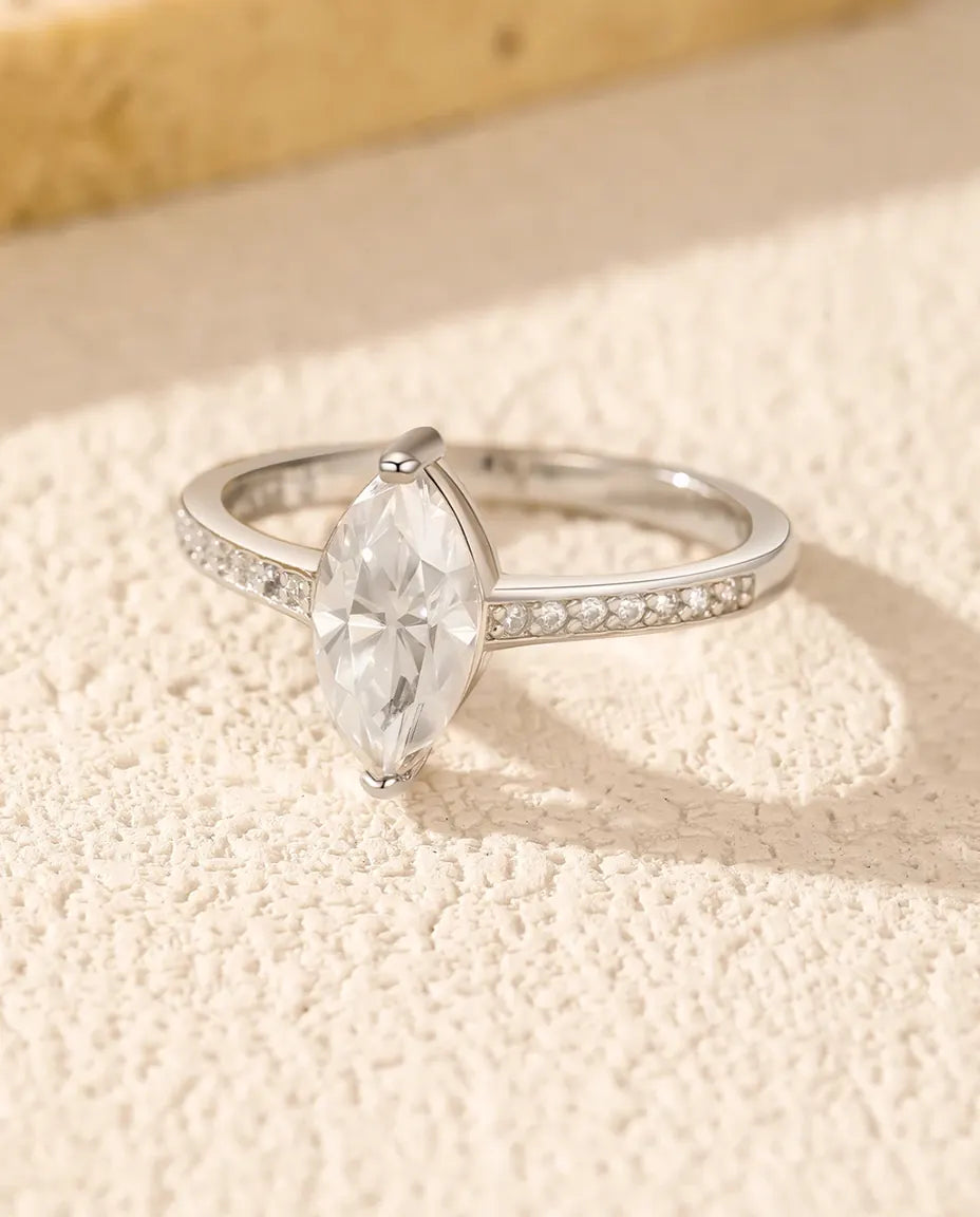 Anello Moissanite solitario taglio marquise 1 ct colore D in argento 925, anello di fidanzamento per lei