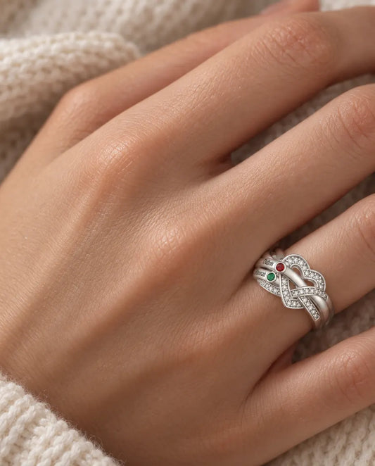 Anello con Pietre Portafortuna Personalizzato 2-6 Nomi - anello di famiglia nodo a cuore con nomi incisi e pietre simulate, rodiato