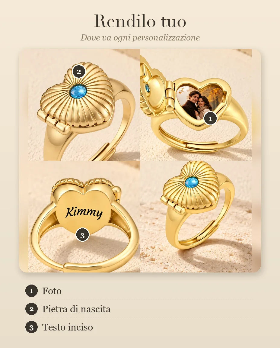 Guida alla personalizzazione dell'anello portafoto a cuore: foto, pietra di nascita e incisione