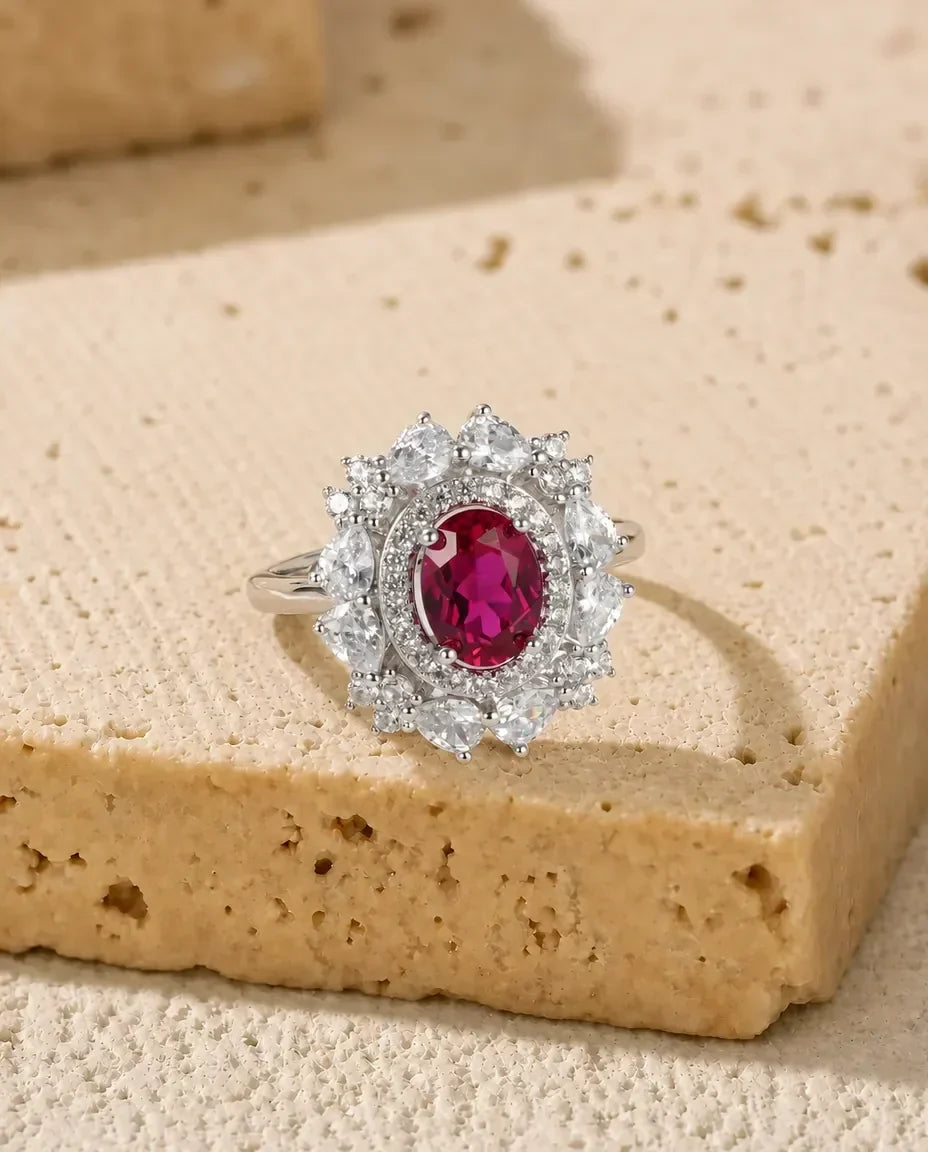Anello Rubino Ovale 6x8 mm Creato in Laboratorio, Doppio Halo Vintage, Argento 925 Regolabile