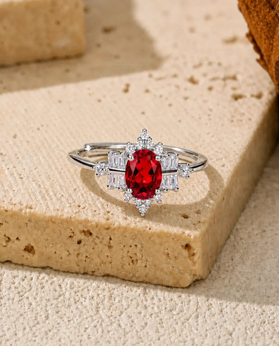 Anello Rubino Ovale Creato in Laboratorio con Halo a Fiocco di Neve, Argento 925 Regolabile