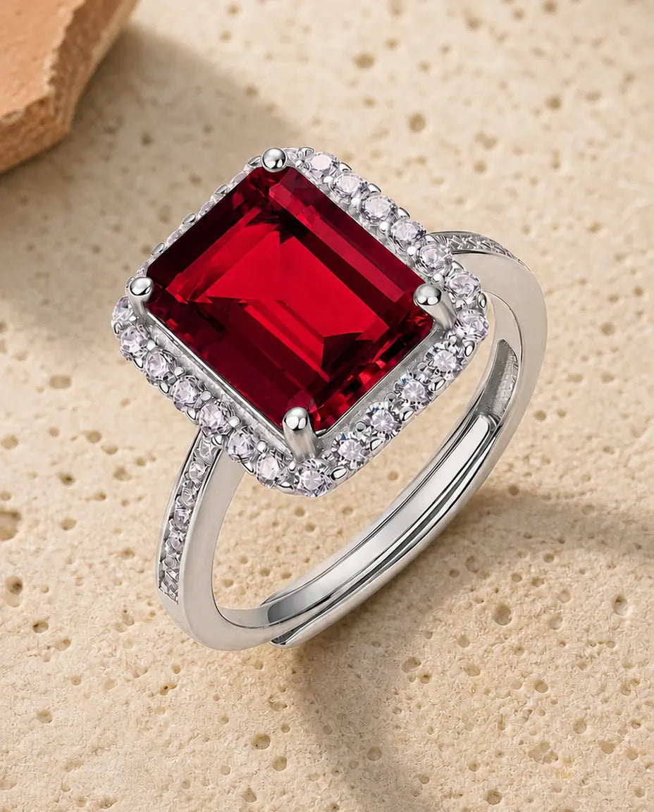Anello Rubino Ottagono 8x10 mm Creato in Laboratorio – Halo Pavé e Gambo Aperto Regolabile, Argento 925