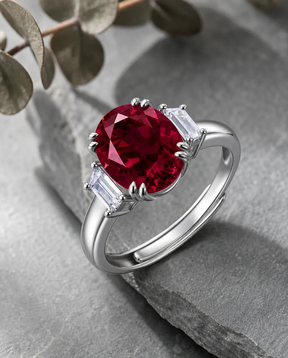 Anello Rubino Ovale Creato in Laboratorio, Solitario con Baguette Laterali, Argento 925
