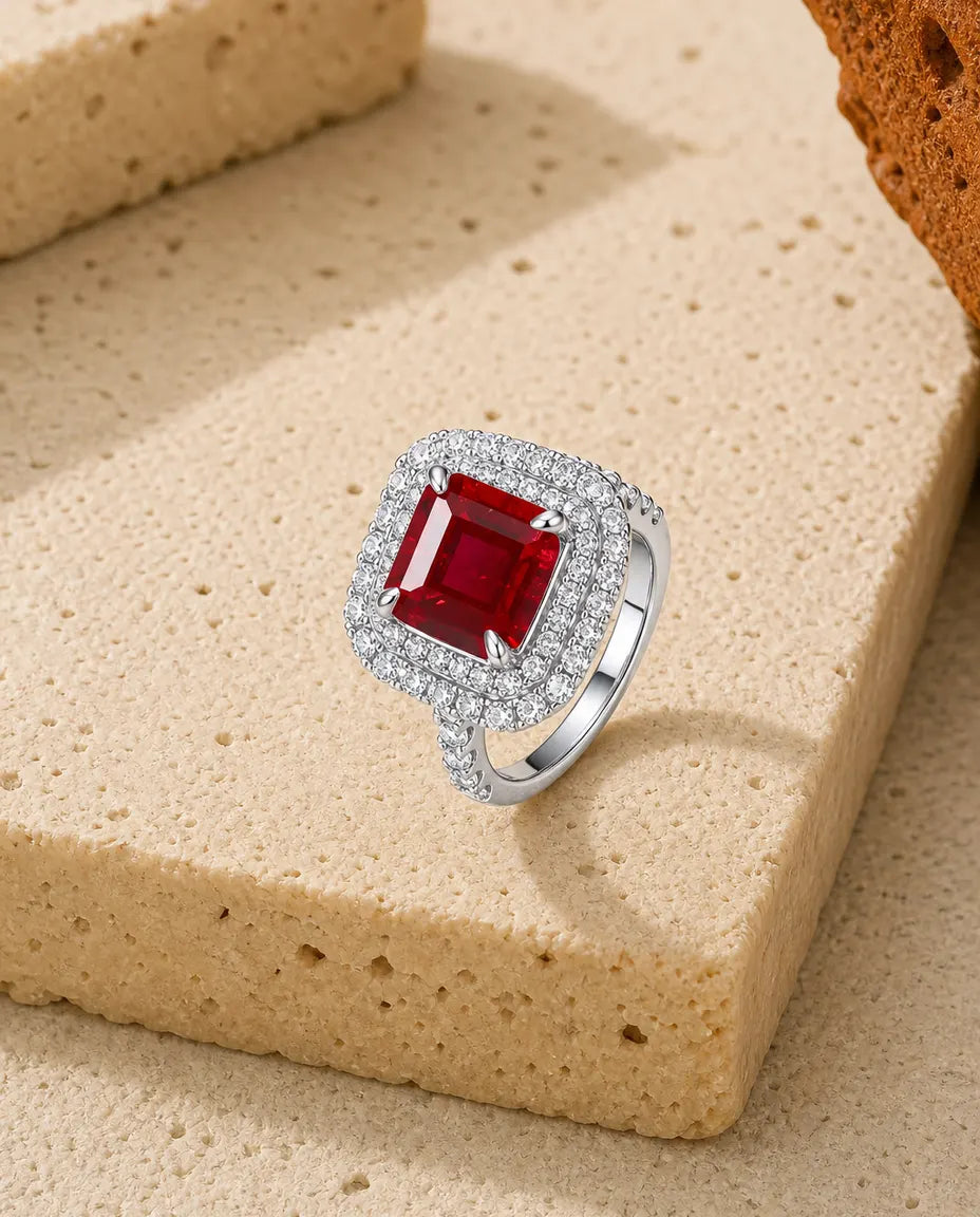 Anello Rubino Quadrato 8x8 mm – Doppio Halo in Argento 925, Pietra di Nascita di Luglio