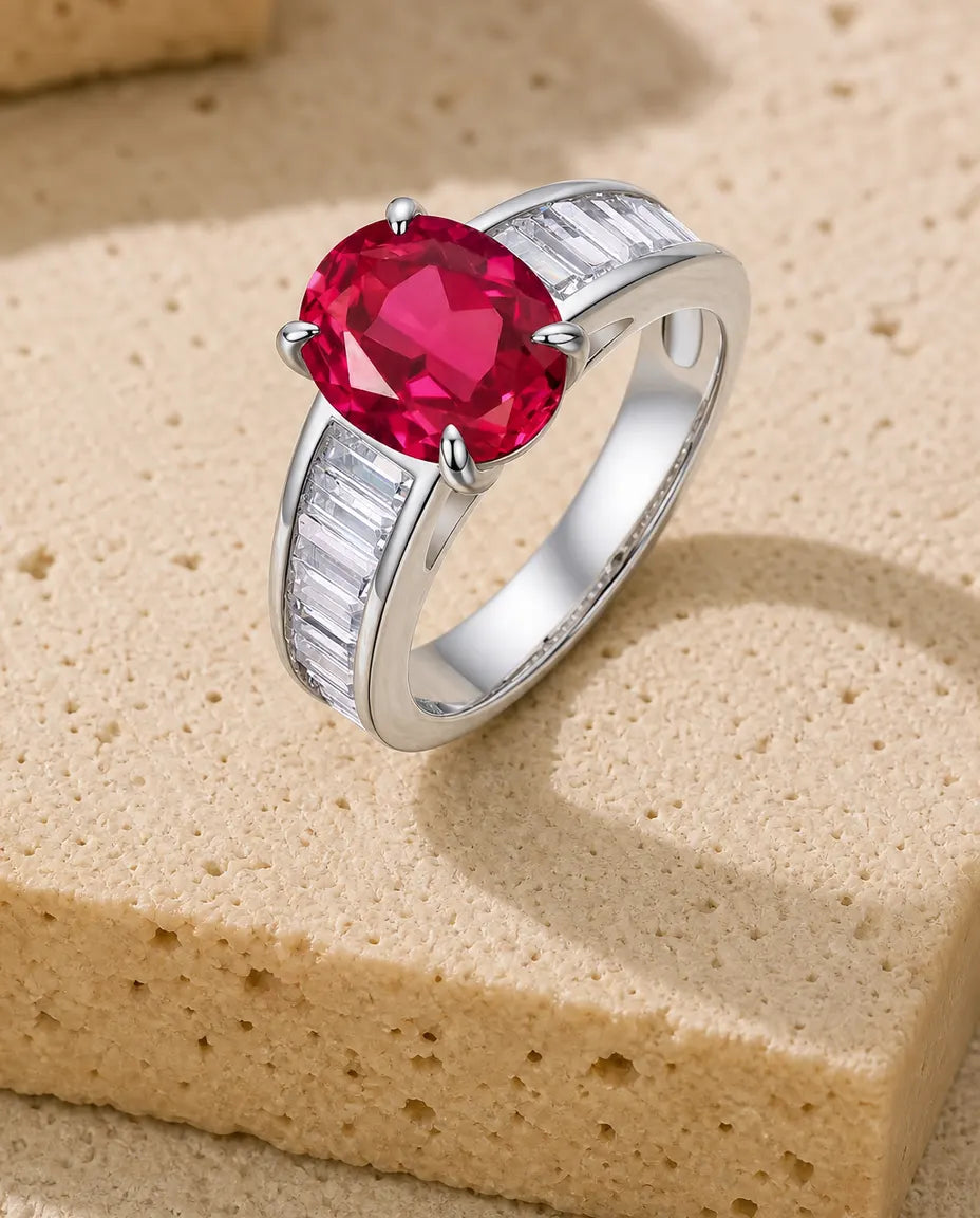 Anello Rubino Creato in Laboratorio – Solitario Ovale con Spalle Baguette, Argento 925