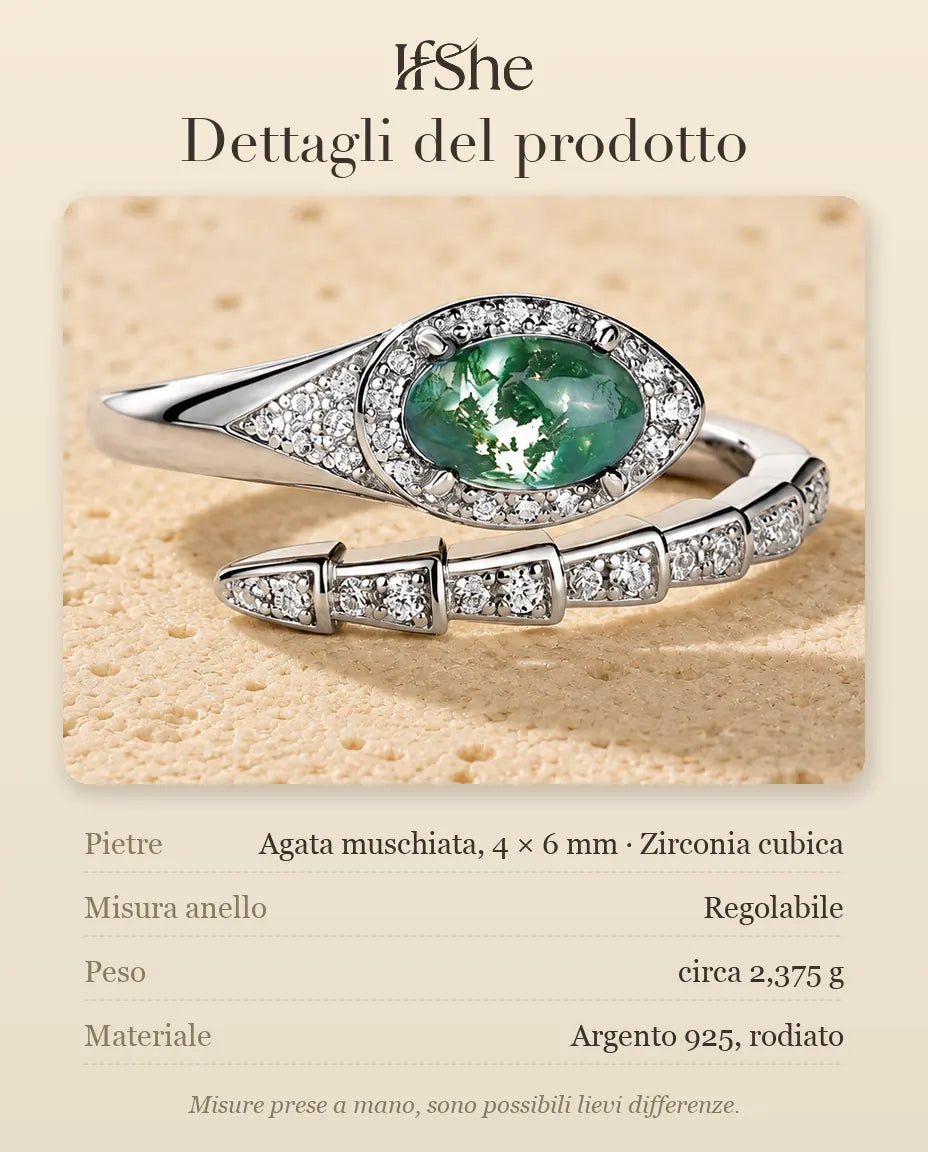 Anello Serpente Agata Muschiata in Argento 925 - dettagli del prodotto: misura della pietra, peso e materiale