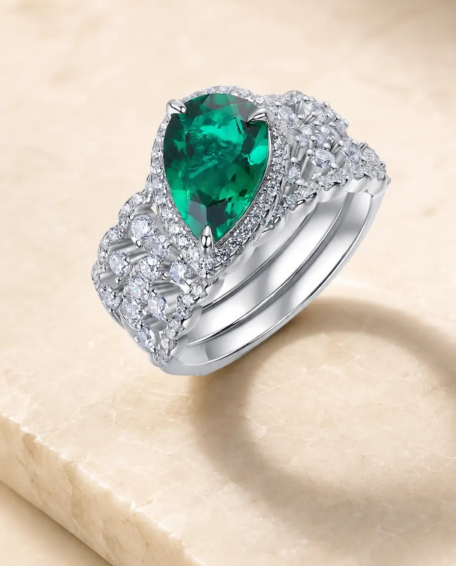 Anello Smeraldo – Duo Halo a Goccia con Smeraldo Creato in Laboratorio e Fedina Pavé, Argento 925