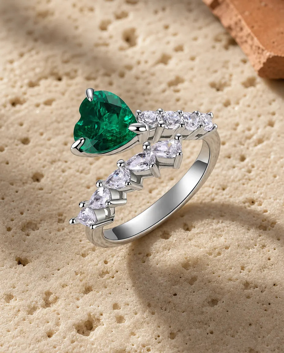 Anello Smeraldo Stella Cadente con Cuore Creato in Laboratorio, Argento 925 Aperto e Regolabile