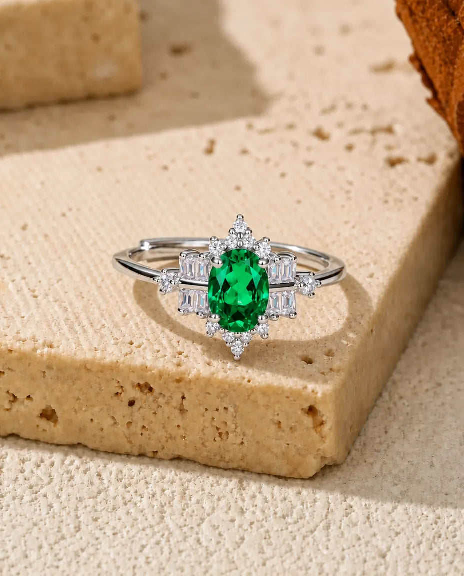 Anello Smeraldo Ovale Creato in Laboratorio con Halo Fiocco di Neve, Argento 925 Regolabile