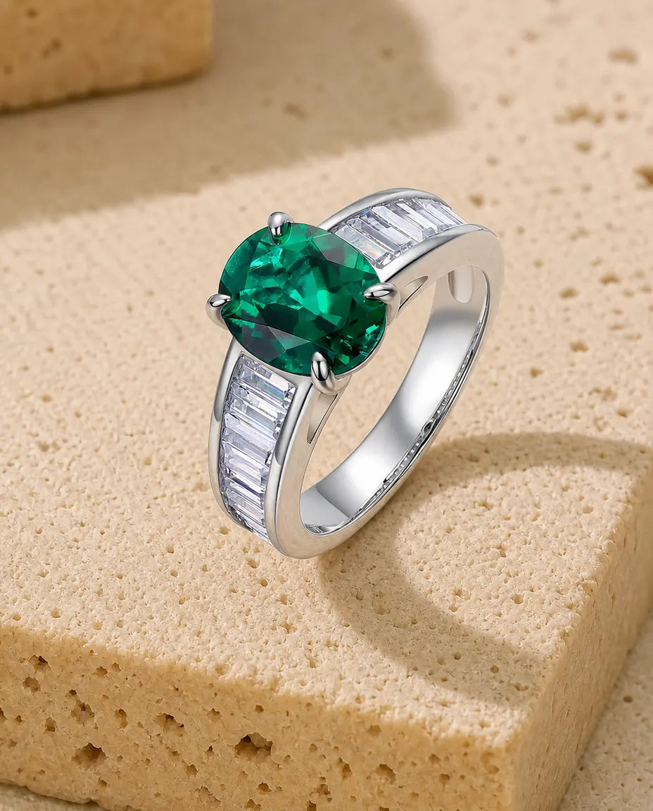 Anello Smeraldo Solitario Ovale con Spalle Baguette, Argento 925, Anello Statement da Donna