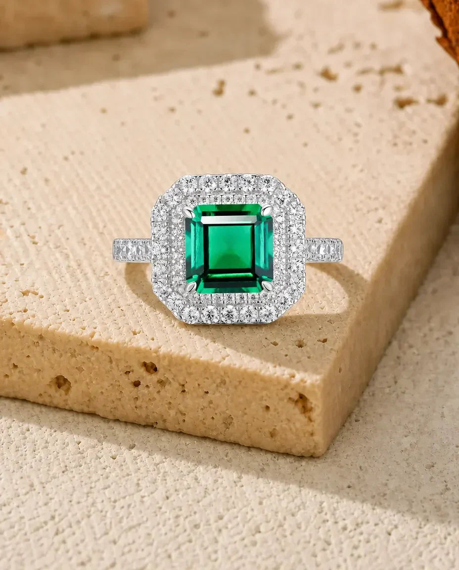 Anello Smeraldo Quadrato 8x8 mm con Doppio Halo, Argento Sterling 925, Anello Statement