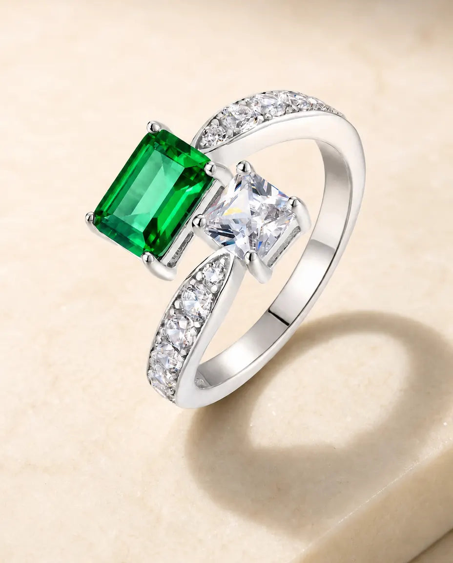 Anello Smeraldo Creato in Laboratorio – Tu e Io con Pietra Quadrata Verde, Argento 925 Regolabile