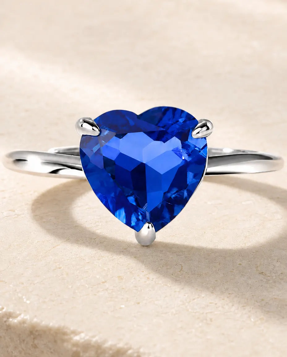 Anello Zaffiro – Cuore Blu Creato in Laboratorio, Solitario Sottile, Gambo Aperto Regolabile, Argento 925