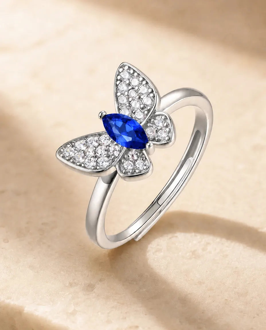 Anello Zaffiro – Farfalla Pavé con Zaffiro Marquise Creato in Laboratorio, Argento 925 con Gambo Aperto